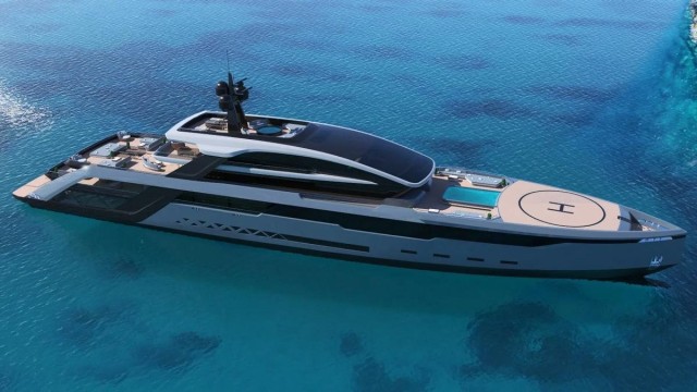 Two swimming pools, a beach club, a waterfall, an aquarium, and a helipad – Designed by an influencer this stunning 255 feet superyacht concept looks more like a gilding resort.