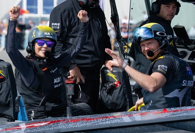 Crown Princess Mary of Denmark gets behind the wheel of the Australia SailGP Team